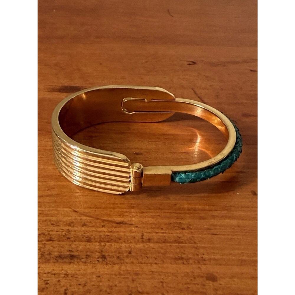 Gold Tone Hinged Cuff Bracelet with Turquoise Inlay Bohemian Statement Preowned - Picture 6 of 16
